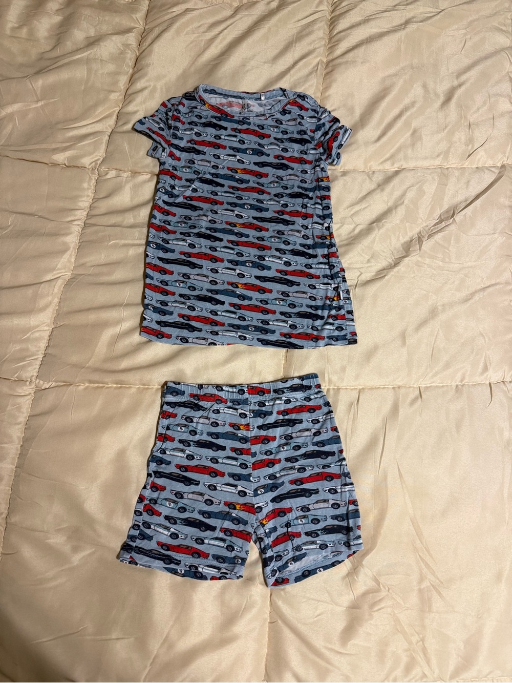 Posh Peanut 3T/4T Light Blue Pajama Set ‘Miles’ print with Red and Navy Cars
